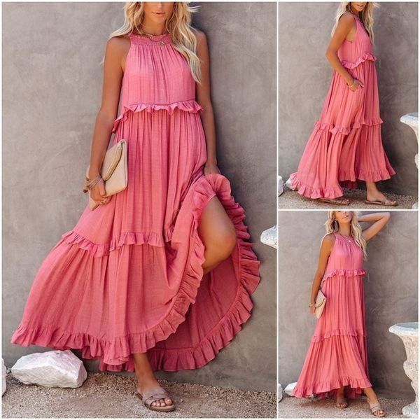 Clara - Sunshine breeze maxikjole med halterneck og flæser og lommer