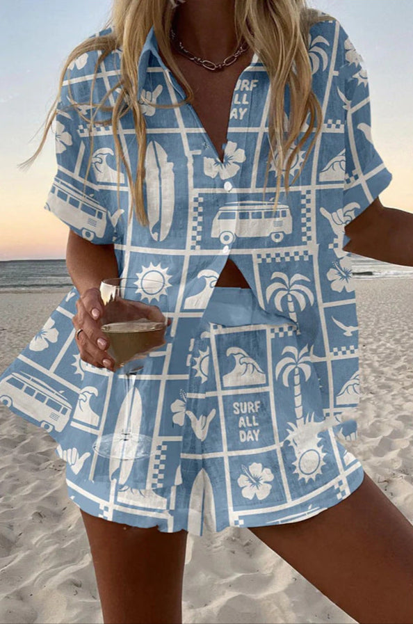 Katja | Kort sæt i hør med Caravan print