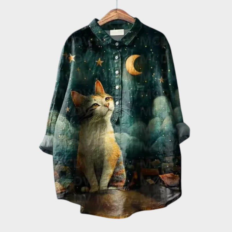 Bonnie | Oversize Bluse med Akvarel Katte